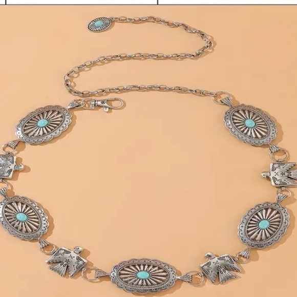 THUNDERBIRD CONCHO TURQUOISE WESTERN SILVER BELT ADJUSTABLE BUCKLE CHAIN BELT - Picture 3 of 3